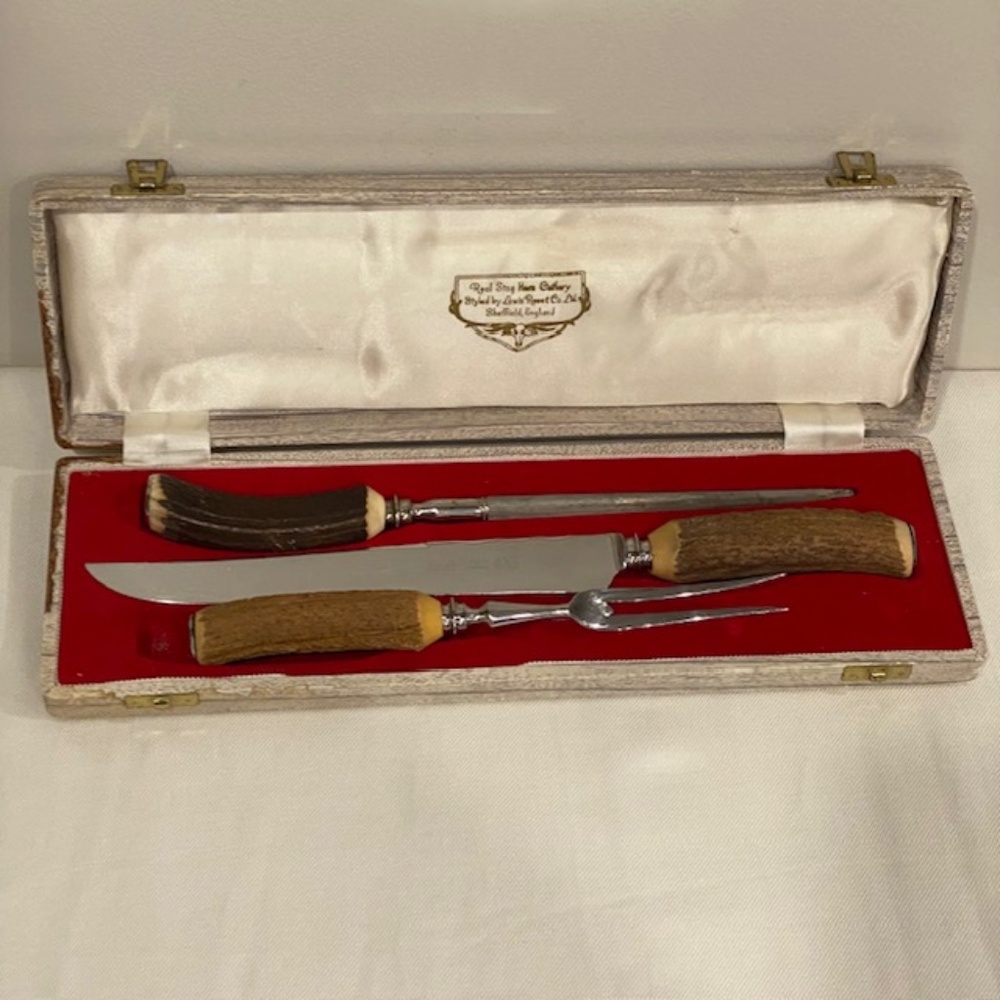 1960s Sheffield England Stag Horn Handle Carving Knife Set